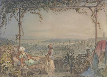 コンスタンティノープルを望むペラのバルコニーにいるパシャとメイド アマデオ・プレツィオージ 新古典主義 ロマン主義 Oil Paintings
